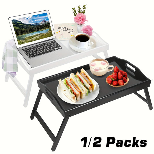 Bamboo Bed Tray Table with Folding Legs & Handles – 19.32 x 11.83 Inch Natural Wood Breakfast Tray for Bed Sofa, Laptop Desk Snack Serving Tray for Bedroom Living Room, 1 or 2 Pack