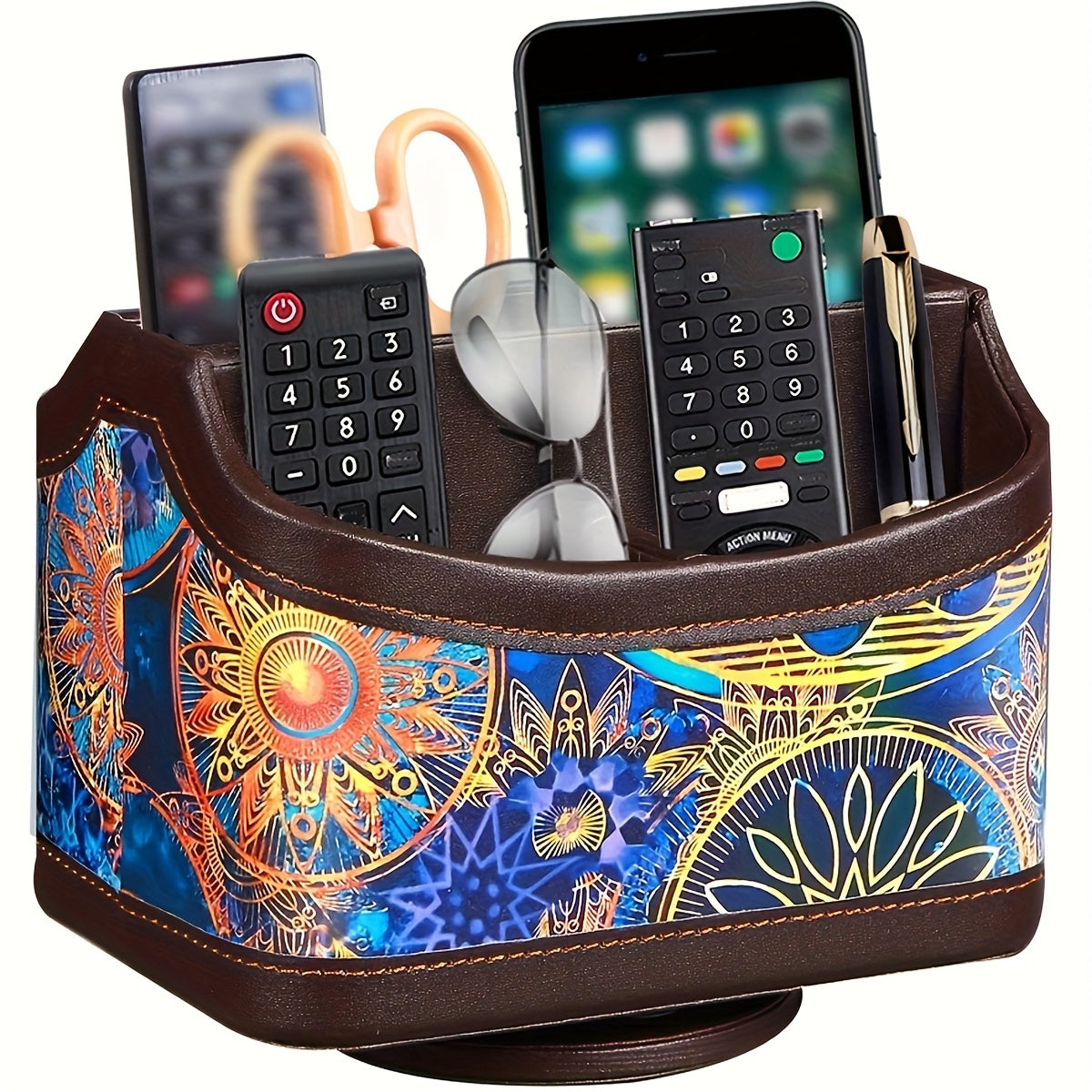 360° Swivel Remote Control Holder 5 Compartments PU Leather Desktop Organizer Caddy - Multifunctional Storage Box for TV Remotes Phones Glasses Cosmetics Stationery - Home Office Decor