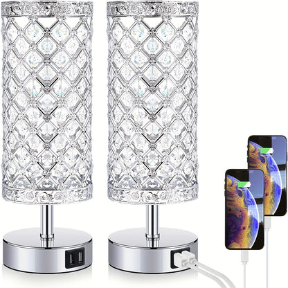 Crystal Table Lamp with Touch Control & 2 USB Ports – 3-Way Dimmable Bedside Nightstand Light for Bedroom, Living Room & Office, LED Bulb Included