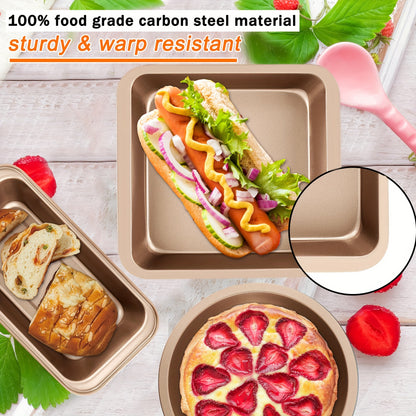 Stackable Nonstick Bakeware Set 5 or 10 Piece – Space-Saving Design with Round & Square Pans Waffle Tray Cookie Sheet Baking Pan, Dishwasher Safe Kitchen Baking Set