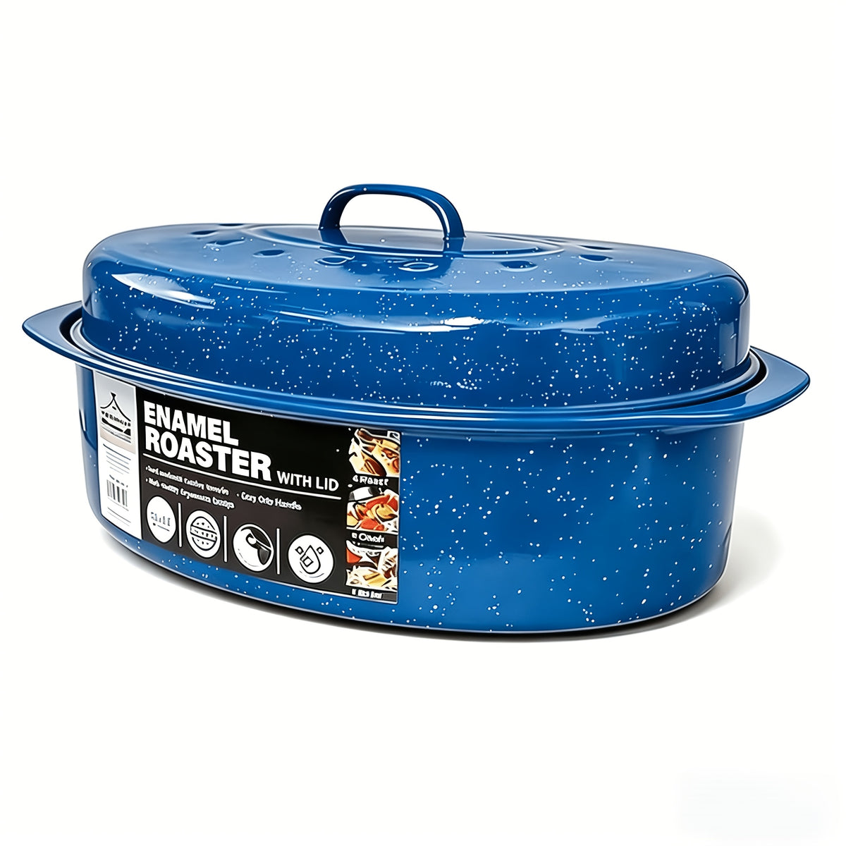Granite Enamel Roasting Pan with Lid, Nonstick Carbon Steel Turkey Roaster for Oven, Large Bakeware for Chicken Roasting Soup Stew, Available in 13 and 16 Inch in Red Black and Blue