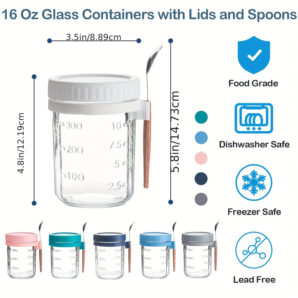 Overnight Oats Containers with Lids and Spoons – Glass Mason Jars Set, Large 16oz & 4oz Airtight Jars for Meal Prep, Milk, Cereal, Fruit, Yogurt – 4, 6, 8 or 12 Pack