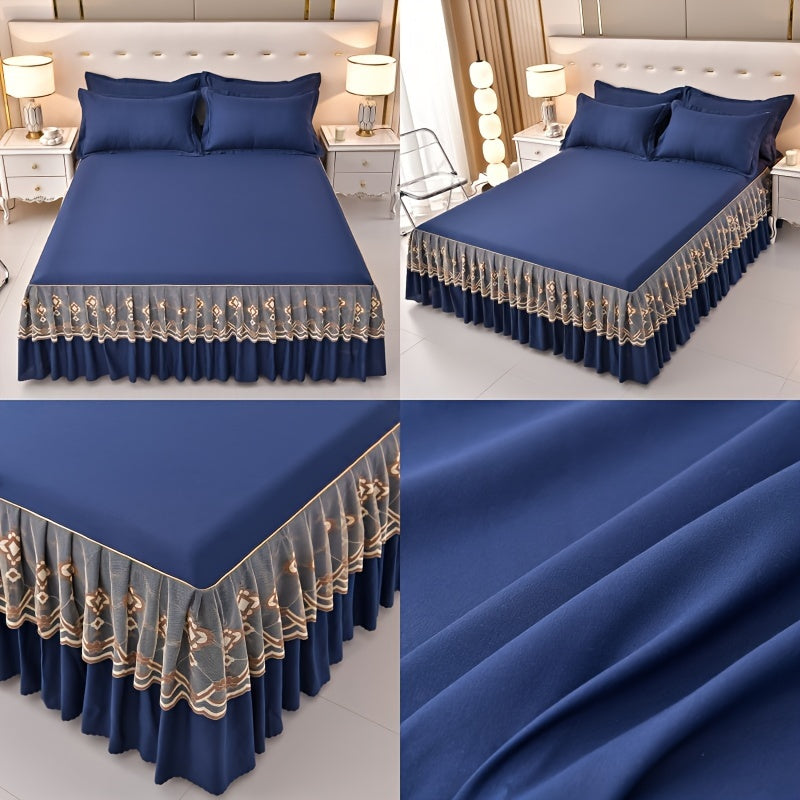 Macrame Bed Skirt Set 3 Piece with Pillowcases – Double Layer Lace Non-Slip Bedding for Twin Full Queen King, All Seasons, Red Grey Navy Purple