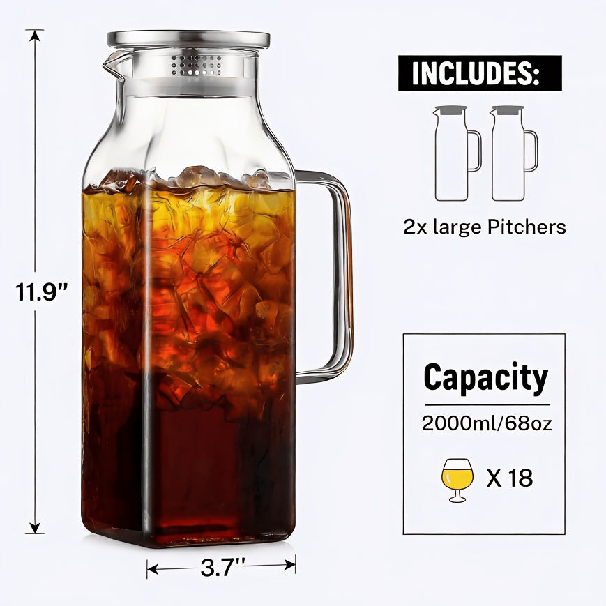 Glass Pitcher with Lid & Handle 68oz – Borosilicate Water Jug for Fridge, Iced Tea, Coffee Carafe & Cold Drinks, Heat Resistant, 304 Stainless Steel Lid, 1 or 2 Pack