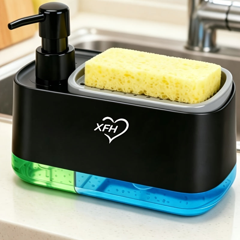 Soap Dispenser with Built-In Sponge Holder, Leak-Proof Battery-Free Pump, Space-Saving Countertop Organizer for Kitchen & Bathroom, Hygienic Hands-Free Design, Durable Rectangular Dispenser