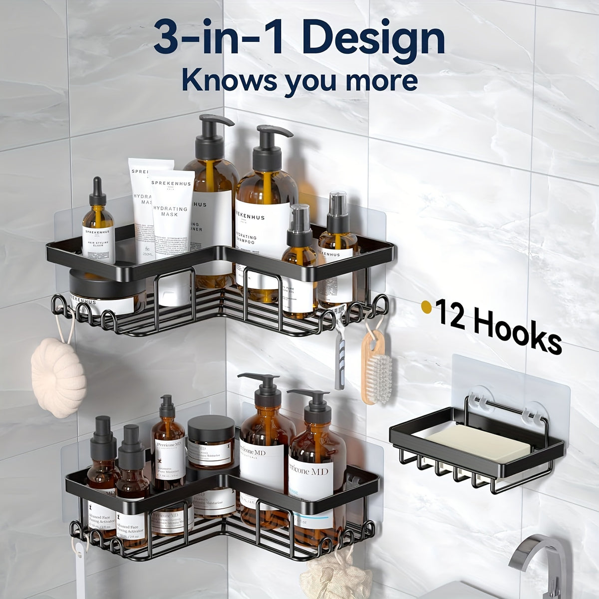 Corner Adhesive Shower Caddy 3 Pack – No Drill Wall Mounted Shower Organizer with Soap Holder & 12 Hooks, Rustproof Stainless Steel Bathroom Shelf, 8 Colors