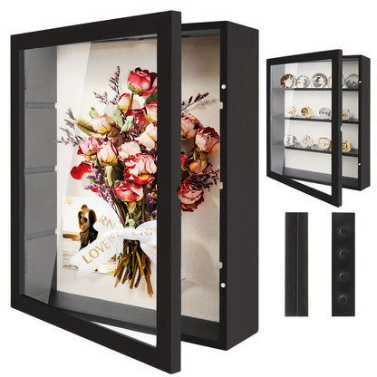 Shadow Box Display Case 11x14 with 4 Removable Shelves & Linen Back - Large Memory Box for Medals, Coins, Rings, Flowers, Photos, Pin Collections, Wall Hanging Frame, Black White Brown