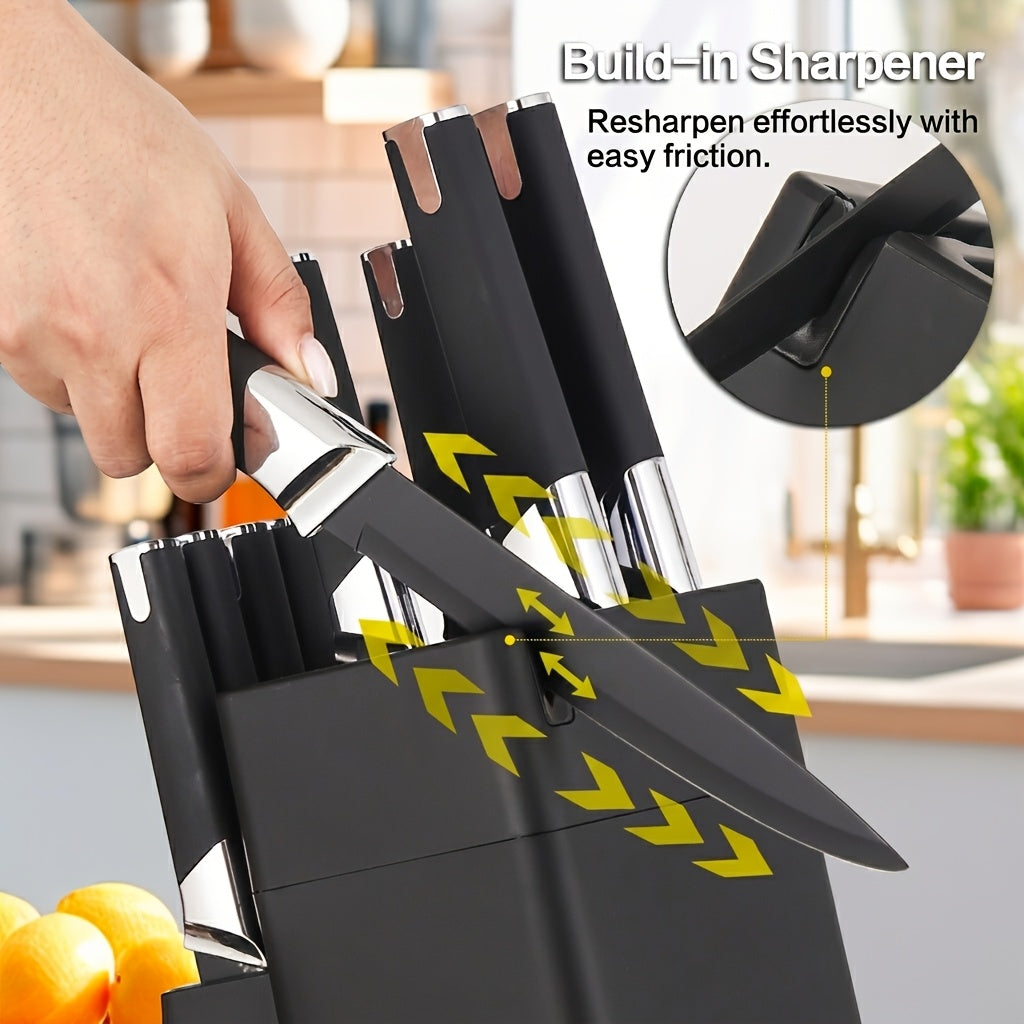 13-Piece Kitchen Knife Set with Block Holder - Chef Knife, Bread Knife, 6 Steak Knives & Scissors - Sharp Stainless Steel Blades, Durable Ergonomic Handle, Perfect Housewarming Gift for Home Kitchen