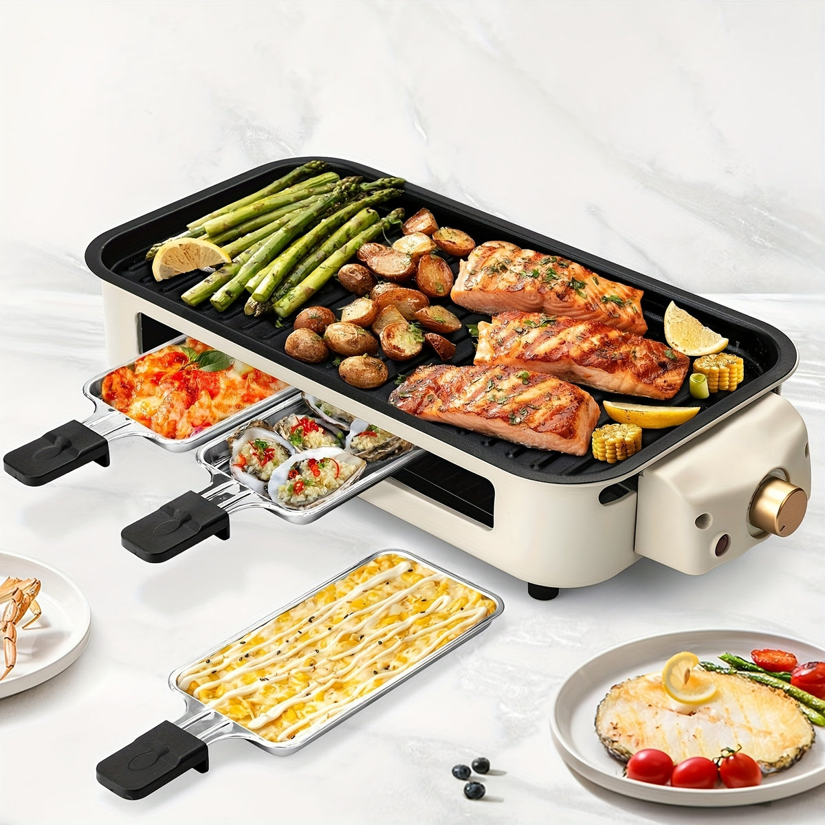 Raclette Grill Set Indoor Electric 1700W Smokeless BBQ with 3 Mini Cheese Pans – Non-Stick Removable Plate 16x9" Dishwasher Safe Stainless Steel Tabletop Grill for Couples Family Party – Black Green Beige Red