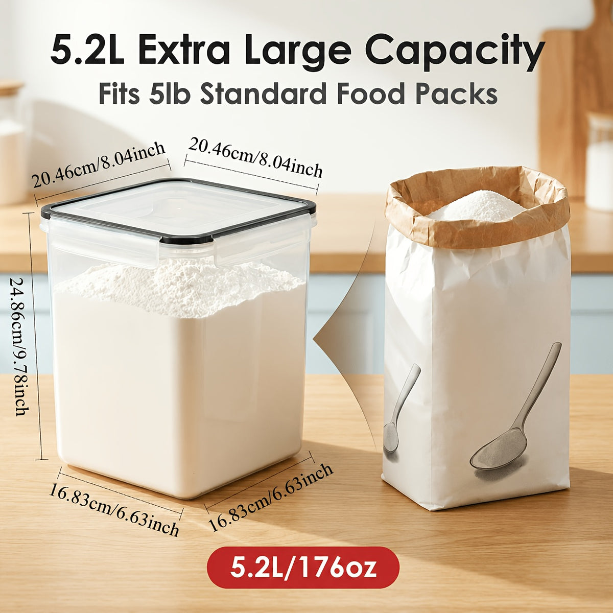 Food Storage Containers Set of 4 - Large 5.2L Airtight BPA-Free Plastic Canisters for Flour Sugar Rice Baking Supplies, Stackable Pantry Organizer with Lids Measuring Cups & Labels