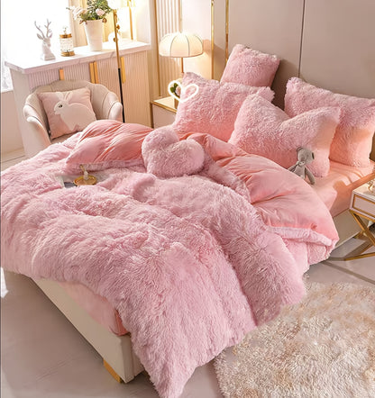 Fluffy Duvet Cover Set 4 Piece Queen King, Soft Plush Comforter Cover with 2 Pillow Shams All Season Cozy Bedding Set No Insert, in Purple Red Pink Gray Yellow Blue Beige Black