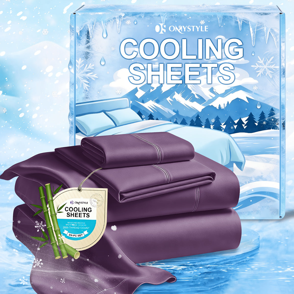 Ice-Cooling Bamboo Sheets Set Deep Pocket - Ultra Soft Breathable Skin-Friendly Fitted Sheet Flat Sheet & Pillowcases, Wrinkle-Free, All Season, Kids & Hot Sleepers, Twin Full Queen King