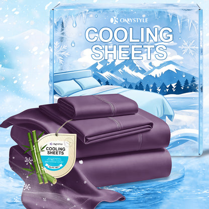 Ice-Cooling Bamboo Sheets Set Deep Pocket - Ultra Soft Breathable Skin-Friendly Fitted Sheet Flat Sheet & Pillowcases, Wrinkle-Free, All Season, Kids & Hot Sleepers, Twin Full Queen King
