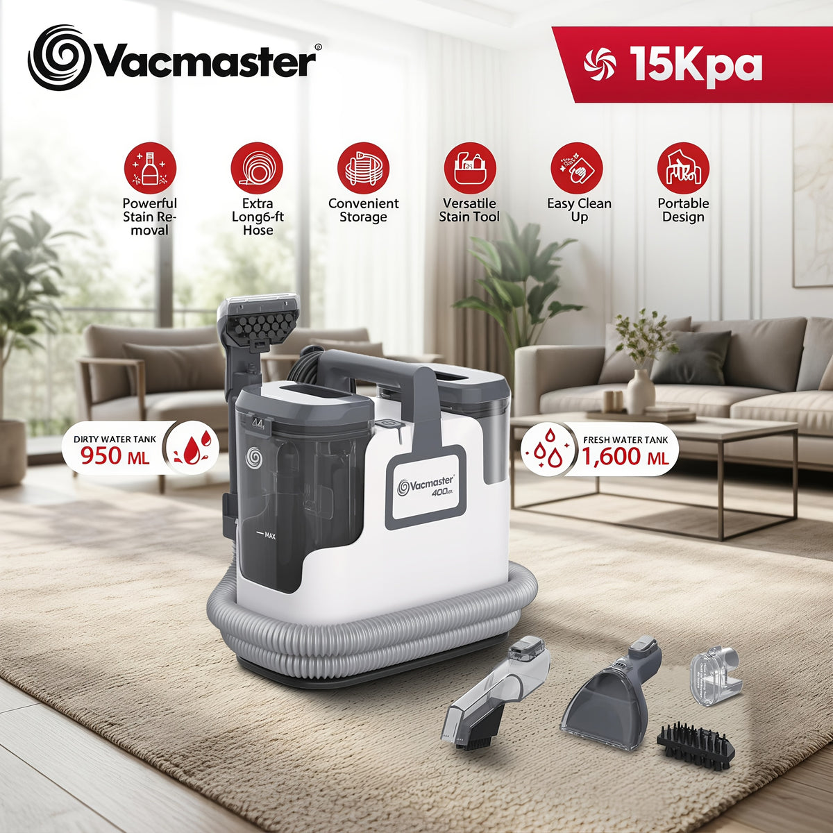 Portable Spot Cleaner 400 Series Carpet & Upholstery Machine – 15KPa Powerful Suction, Corded, Pet Hair Removal for Area Rugs, Couches & Hard Floors