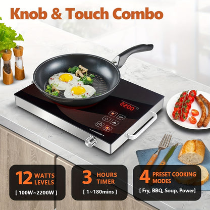 Portable Electric Ceramic Hot Plate 2200W with Dual Control - Infrared Countertop Burner with Adjustable Temperature, Touch & Rotation Knob, Induction Compatible Cooktop for Dorm, RV & Small Kitchen