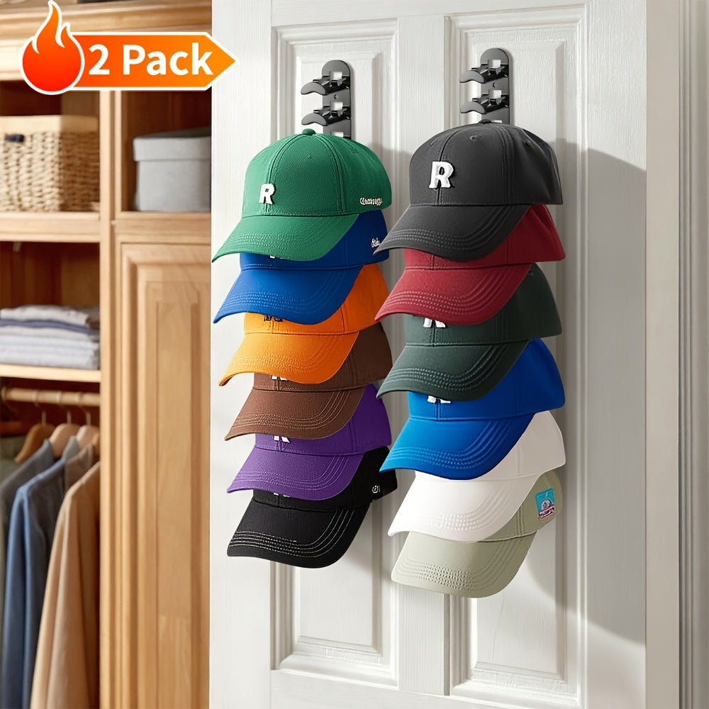 Hat Rack for Baseball Caps Wall Mounted 2 Pack – Multilayer Adhesive or Drill Mount Hat Organizer Holds Up to 20 Hats, Durable Plastic Hat Hooks for Closet Door Bedroom Wall, Black or White Hat Storage