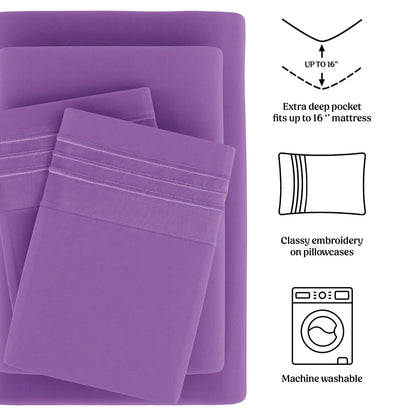 Soft Microfiber Bed Sheet Set 4-Piece 1800 Series 16 Inch Deep Pocket Hotel Luxury Cooling Sheets with Embroidered Pillowcases, Fade & Shrink Resistant, Twin to Cal King, 20 Colors