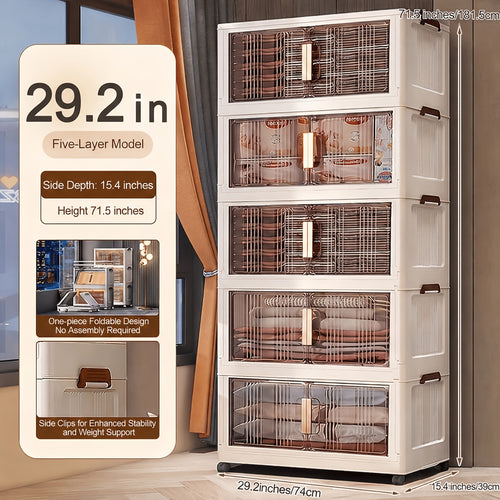 Folding Storage Cabinet with Wheels & Lids – 3/4/5-Tier Extra Large Stackable Plastic Storage Bins Organizer, Translucent Magnetic Doors, for Home, Office, Kitchen, Bathroom, Garage