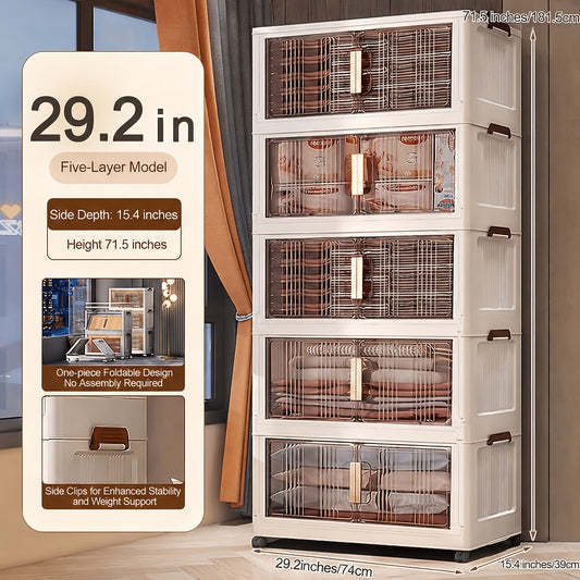 Folding Storage Cabinet with Wheels & Lids – 3/4/5-Tier Extra Large Stackable Plastic Storage Bins Organizer, Translucent Magnetic Doors, for Home, Office, Kitchen, Bathroom, Garage