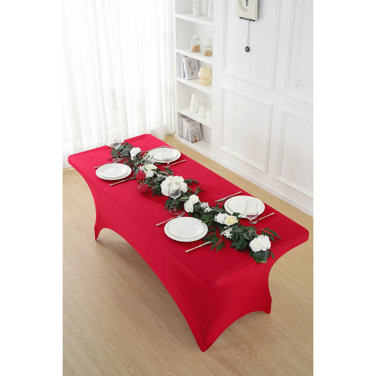 Spandex Tablecloth Fitted Stretch Table Cover 4ft 6ft 8ft - Wrinkle-Free Rectangle Table Cloth for Wedding, Party, Event, Banquet - 2-Pack Multi-Color Options White Black Navy Blue Pink