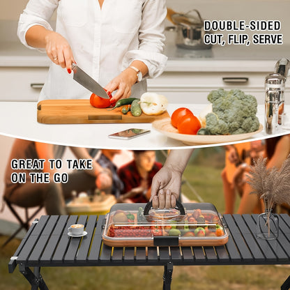 Bamboo Charcuterie Board with Transparent Locking Lid 5 Compartments Divided Snack Tray Portable Serving Platter with Handles for Parties Picnic Camping Gift