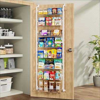 Over The Door Organizer, Heavy-Duty Metal Pantry Rack with 6 or 8 Shelves – Space-Saving Multi-Level Storage for Kitchen, Bathroom & Laundry Room, Spice Rack & Cabinet Door Hanging Shelf, Black or White