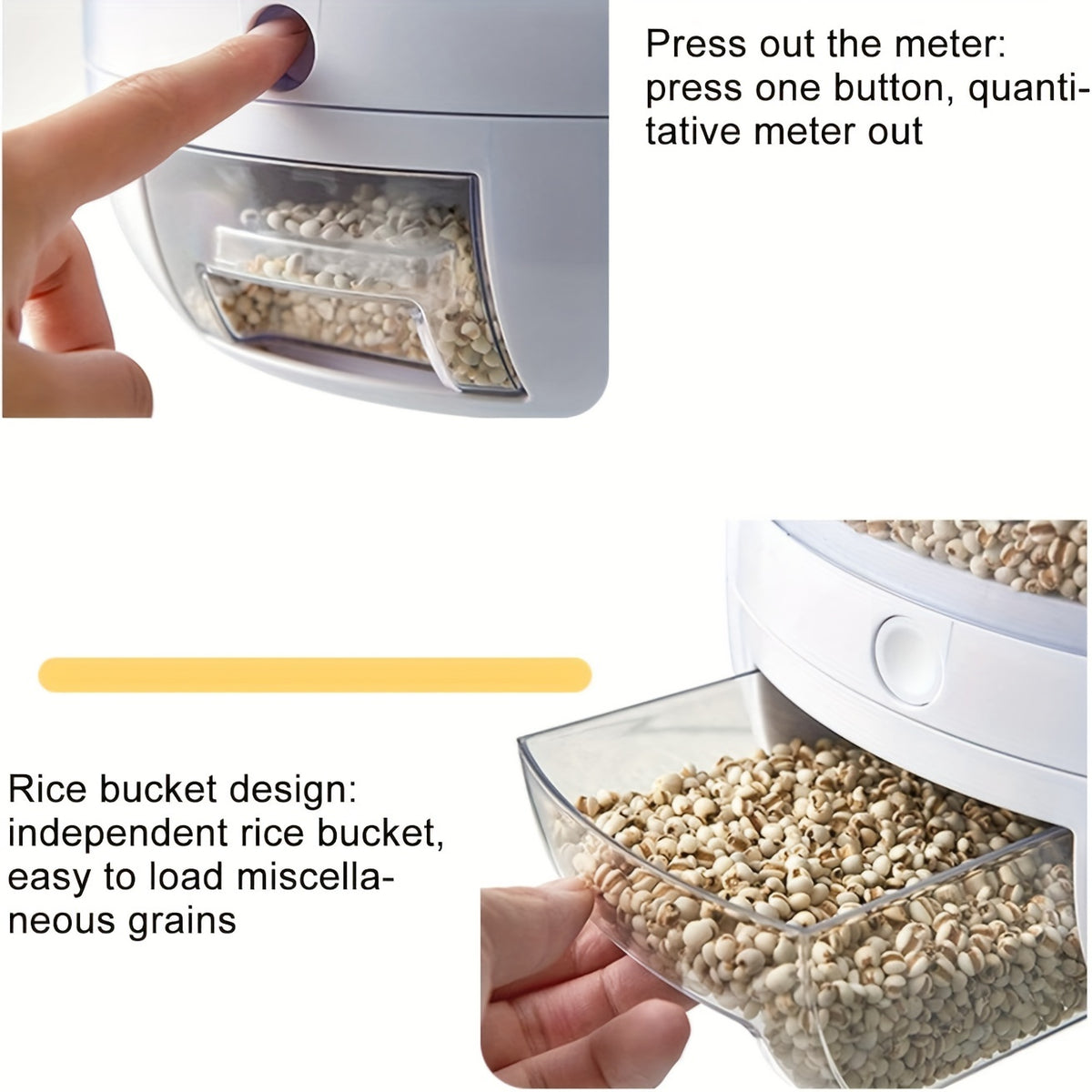 Rice Dispenser 19Lbs 360° Rotating Grain Storage Container with One-Click Output, Flip-Top Lid, Airtight Food Dispenser for Rice, Beans, Oats & Small Grains – Kitchen Pantry Organizer