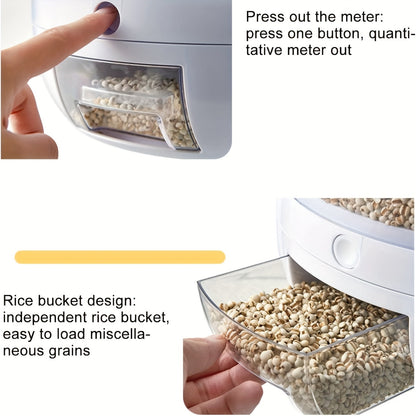 Rice Dispenser 19Lbs 360° Rotating Grain Storage Container with One-Click Output, Flip-Top Lid, Airtight Food Dispenser for Rice, Beans, Oats & Small Grains – Kitchen Pantry Organizer
