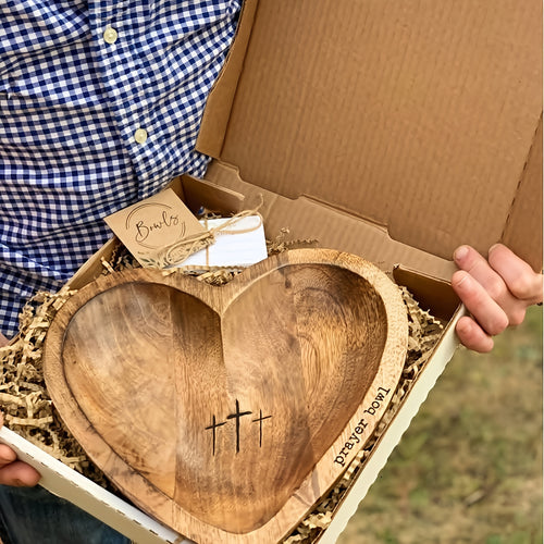 Wooden Prayer Bowl Heart Shaped – Christian Gift for Women, Religious Home Decor, Spiritual Blessing Bowl, Natural Wood Grain, Smooth Finish, Let's Pray Together, Congregation & Church Gift