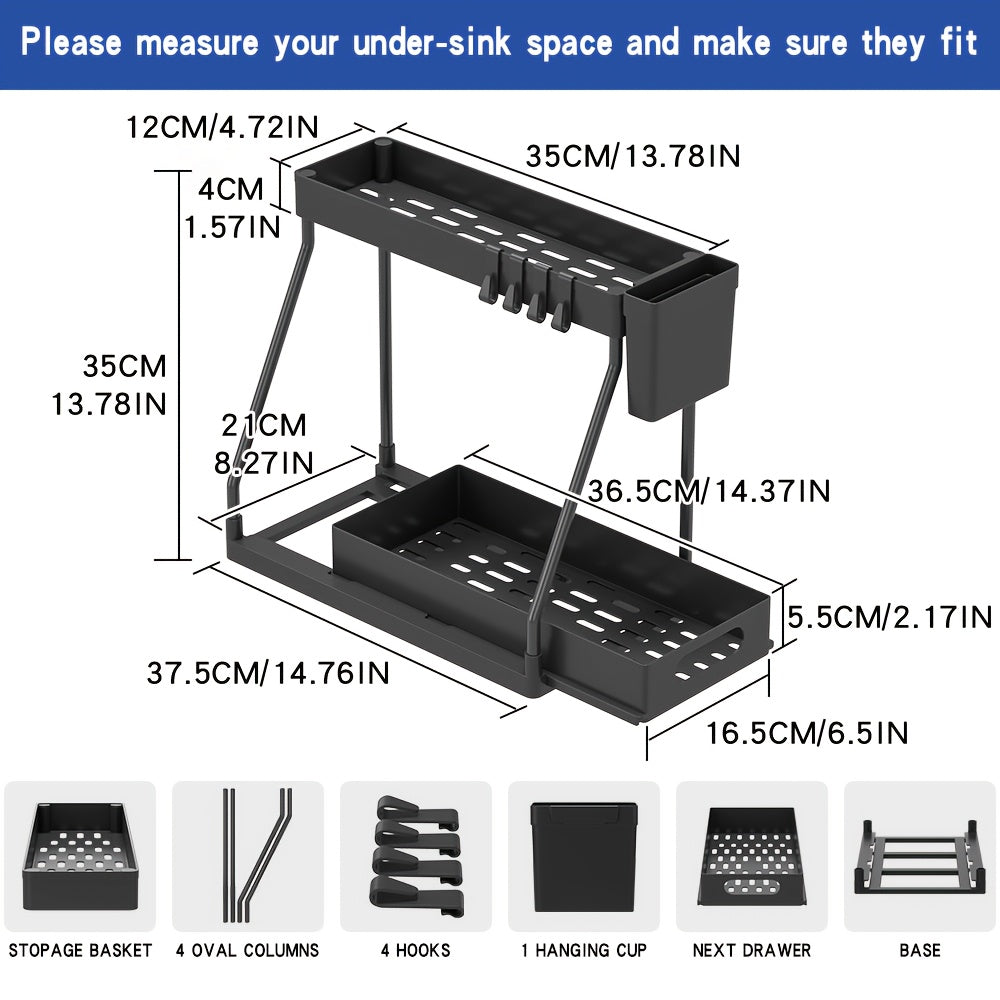 Under Sink Organizer 2 Pack Pull Out Sliding Shelf – Durable Cabinet Organizer with Sliding Drawers for Bathroom Kitchen Space-Saving Storage Solution – Black White Sleek Design