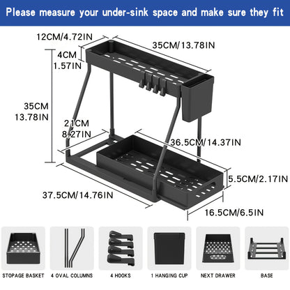Under Sink Organizer 2 Pack Pull Out Sliding Shelf – Durable Cabinet Organizer with Sliding Drawers for Bathroom Kitchen Space-Saving Storage Solution – Black White Sleek Design