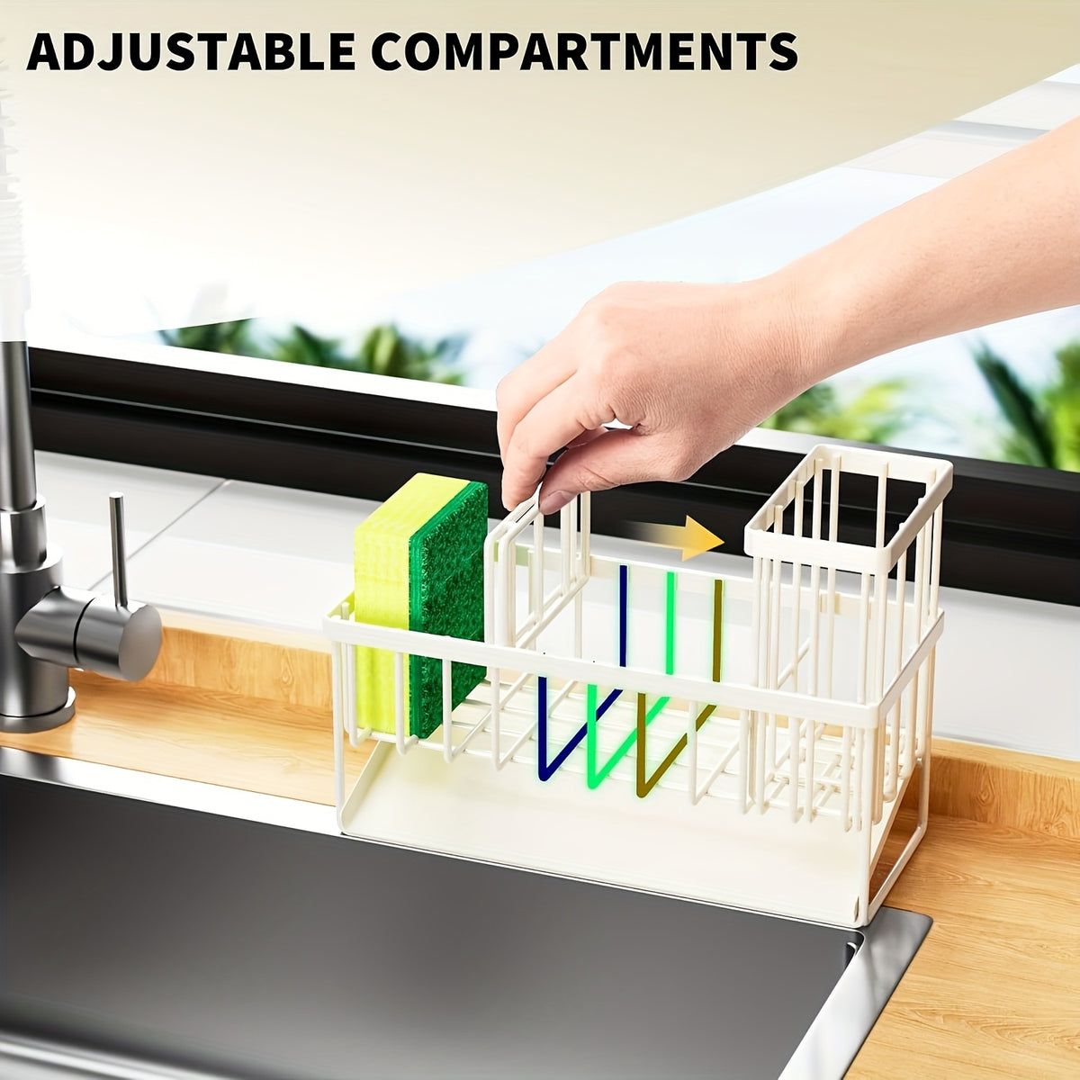 Kitchen Sink Organizer with Drain Tray - Heavy Duty 304 Stainless Steel Rust-Proof Sink Caddy, Sponge Holder, Brush Rack, Space-Saving Countertop Storage Basket for Kitchen Sink, Black