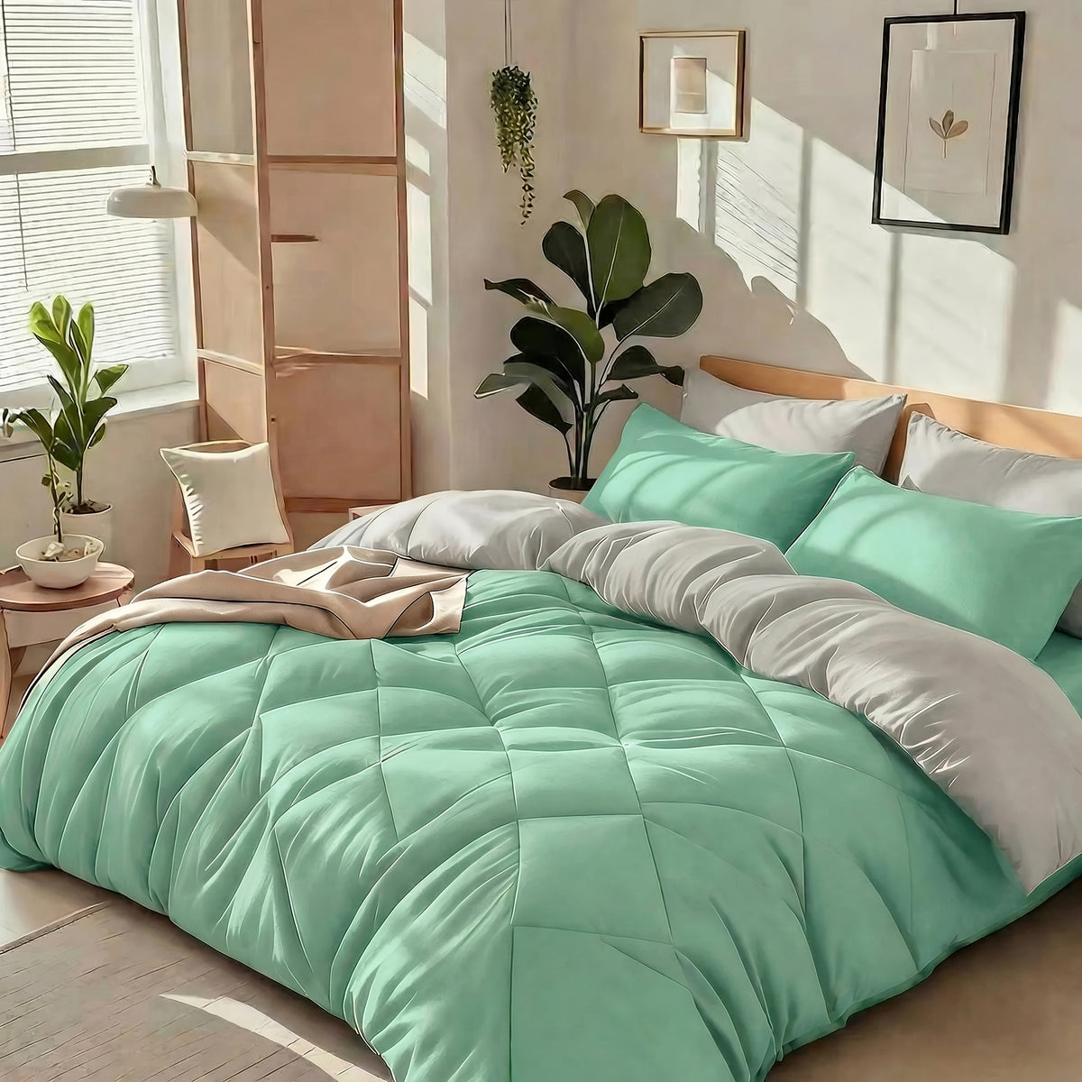 Cooling Comforter Set Queen King Twin - Lightweight Breathable Microfiber Fluffy Bedding with Rhombus Grid, Soft All Season Comforter with Pillowcases, 20 Colors Available
