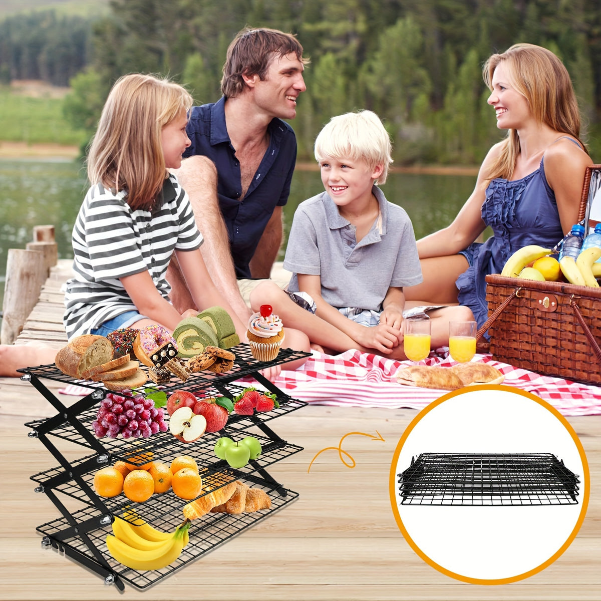 Foldable Cooling Rack Stackable Baking Wire Rack, Collapsible Metal Drying Rack with Adjustable Multi-Tier Design for Baking, Roasting, Grilling & Camping – 3-Tier, 4-Tier or 6-Tier Set