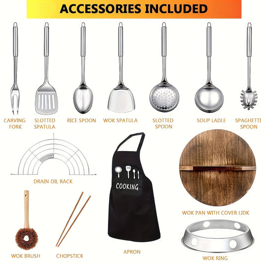Cast Iron Wok Set 12.6 Inch Nonstick 13-Piece with Lid Spatula & Accessories – All Stove Compatible Gas Electric Induction, Natural Non-Stick No Chemical Coating, Stir Fry Pan for Family Cooking & Camping