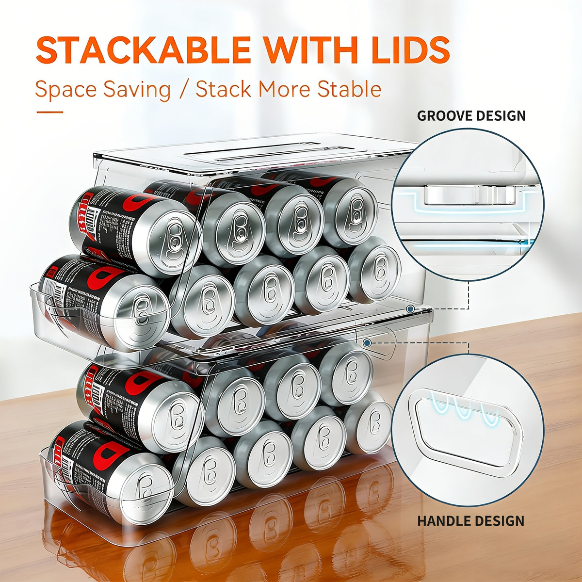 Stackable Soda Can Organizer for Refrigerator – BPA-Free Clear Can Holder Dispenser with Lid for Fridge Pantry Freezer, Holds 9 Cans Each