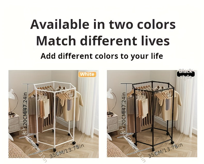 Rotating Clothes Rack Hexagonal – Freestanding 360° Rotary Vertical Clothing Hanging Rack for Laundry Room Bedroom, Space Saving Garment Organizer for Small Apartment, Black or White with Optional Mesh Bag