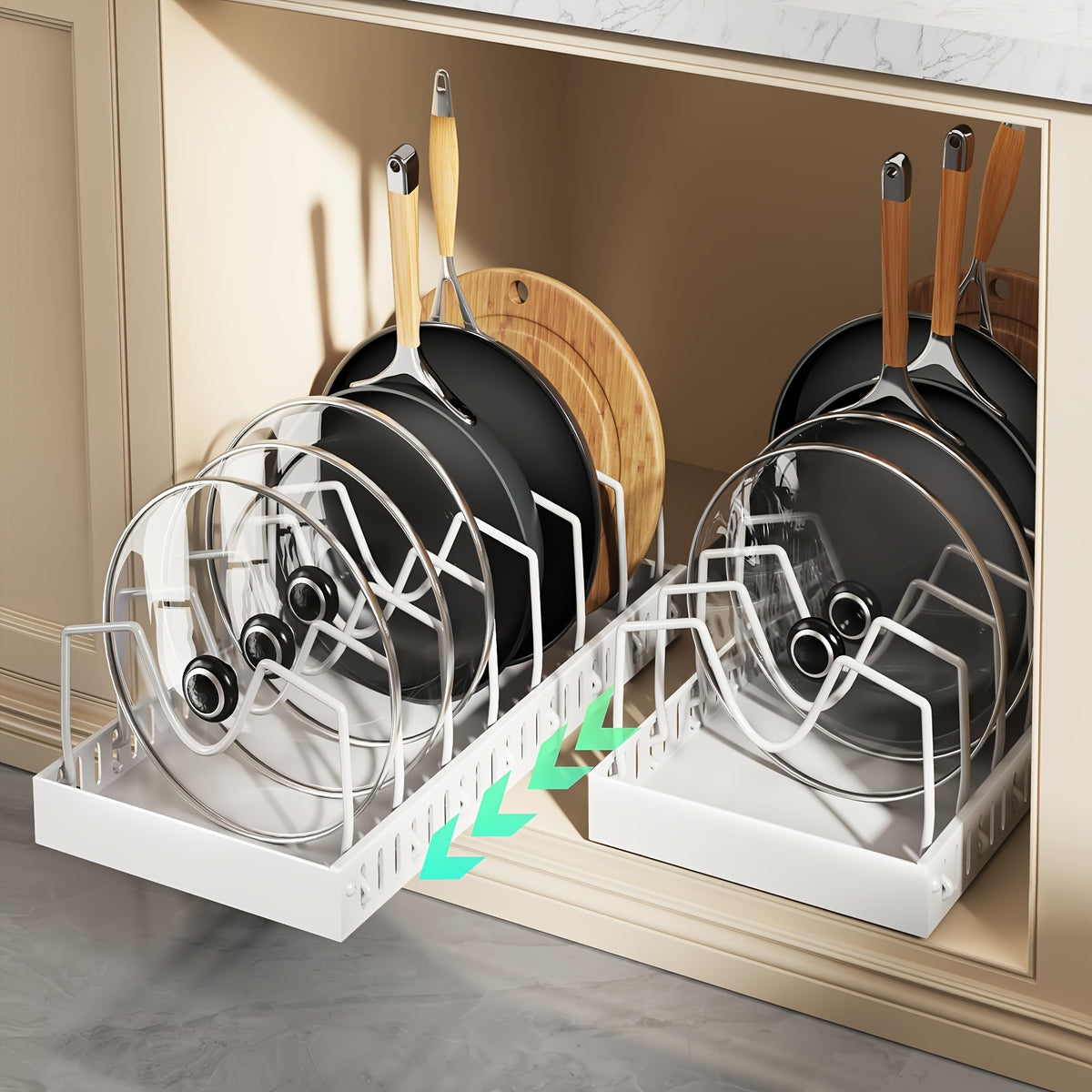 Pull Out Cabinet Organizer Set of 2 - Slide Out Pot and Pan Organizer for Under Cabinet, Pot Lid Holder Rack with 8 Adjustable Dividers, Drill-Free Kitchen Cabinet Cookware Storage Shelf, Black