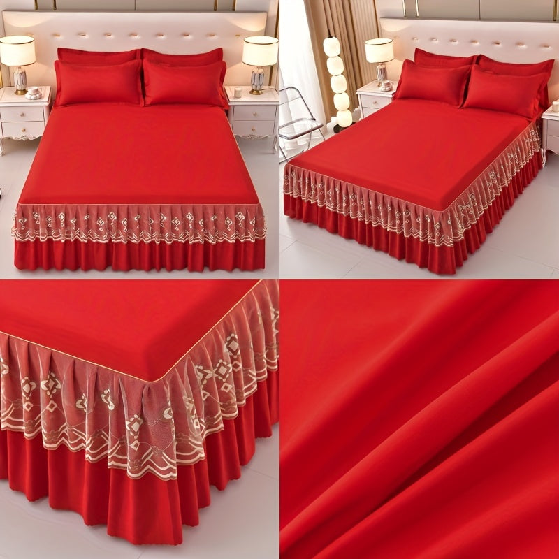 Macrame Bed Skirt Set 3 Piece with Pillowcases – Double Layer Lace Non-Slip Bedding for Twin Full Queen King, All Seasons, Red Grey Navy Purple