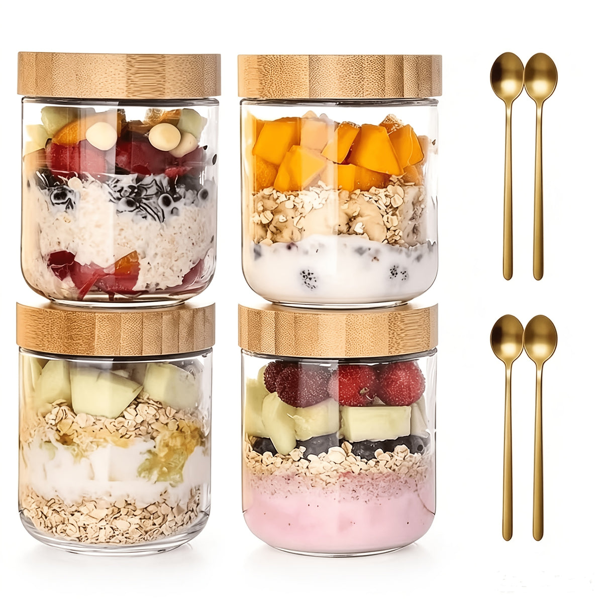 Overnight Oats Containers with Bamboo Lids Glass Jars Airtight Wide Mouth Mason Jars for Meal Prep, Yogurt, Chia Seeds, Salad & Snacks - 4 Pack 16oz or 6 Pack with Spoons, BPA-Free Food Storage Jars
