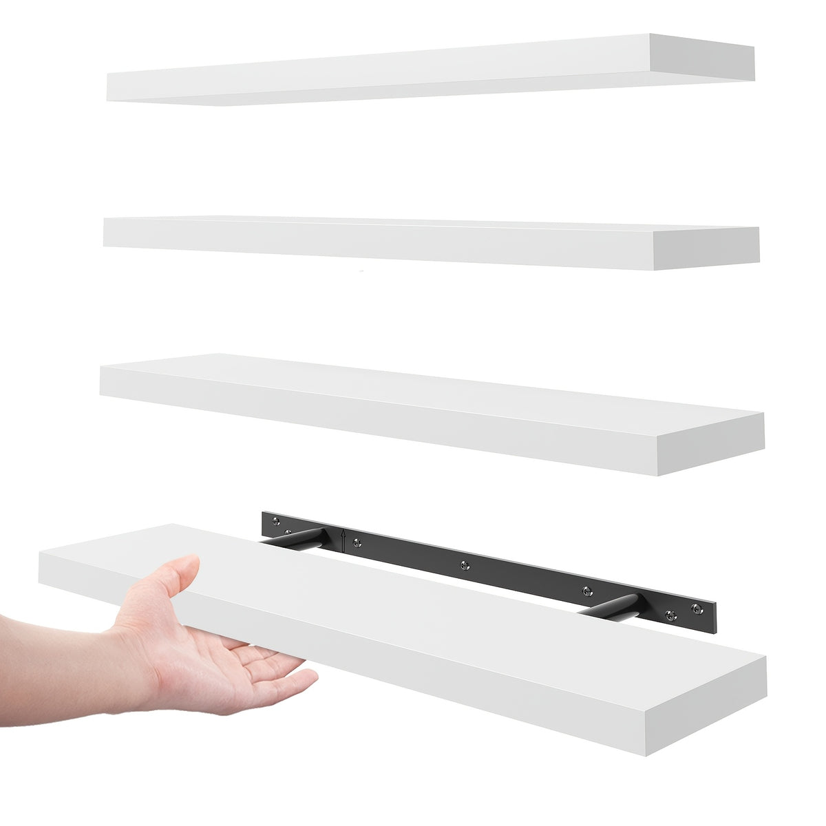 Invisible Bracket Floating Shelves 4 Pack 22 Inch Wall Mounted Wood Shelf for Bathroom Bedroom Living Room Kitchen Decor, Sturdy Wall Shelves Set with Hidden Brackets Walnut Light Brown White Black