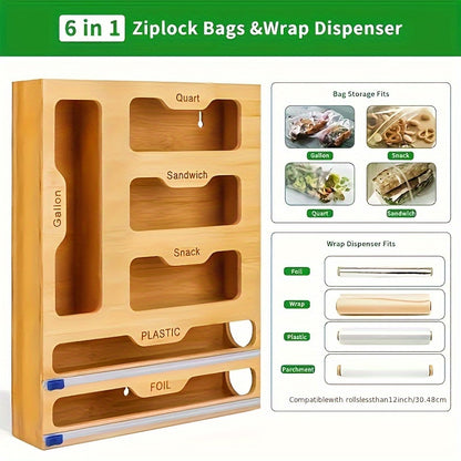 Bamboo Kitchen Drawer Organizer – Zip Bag, Foil & Plastic Wrap Dispenser with Built-In Cutter, Fits Gallon Quart Sandwich Snack Bags, Eco-Friendly Storage