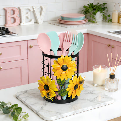 Sunflower Flatware Storage Basket Kitchen Countertop Organizer, Open Utensil Holder Caddy for Silverware Spoons Forks Knives, Farmhouse Kitchen Decor Storage & Organization