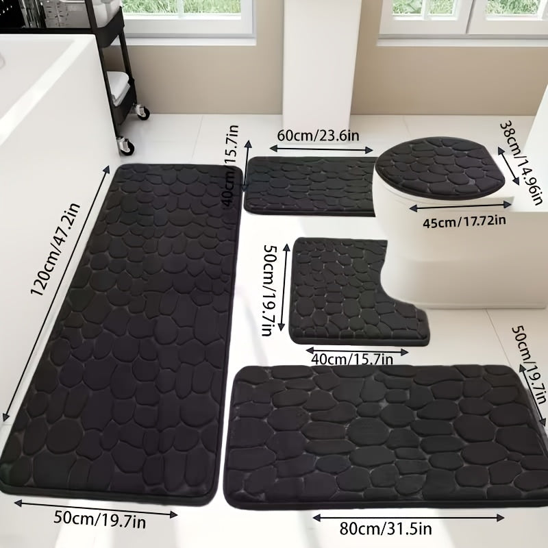 Memory Foam Bathroom Rug Set 5-Piece - Plush Non-Slip Super Absorbent Bath Mats for Sink Bathtub Shower Toilet, Machine Washable Quick-Dry Luxury Soft Sponge Bath Rug Set Black Gray Pink Khaki
