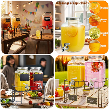 1 Gallon Glass Beverage Dispenser Set with Stand & Stainless Steel Spigot – Leak-Proof Lemonade Dispenser with Ice Tube, 2-Pack for Parties, Kitchen, Camping, Halloween & Christmas