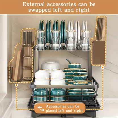2-Tier Dish Drying Rack Metal with Cutlery Holder, Cup Holder & Rust-Proof Drip Tray – Space Saving Countertop Dish Rack for Kitchen Organization, Black & Dark Gray
