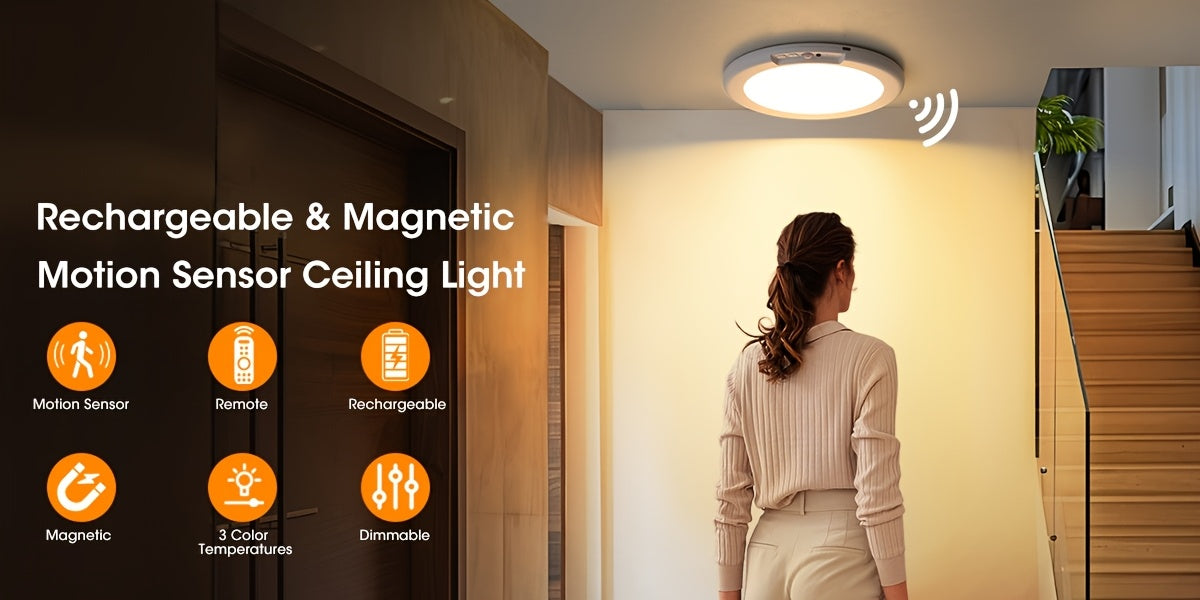 Rechargeable LED Ceiling Light with Motion Sensor & Remote Control – Battery Operated, 3 Color Temps (3000K/4500K/6500K), 10 Brightness Levels, Dimmable Closet Light for Bathroom, Hallway, Pantry & Porch – White, Black & Gold