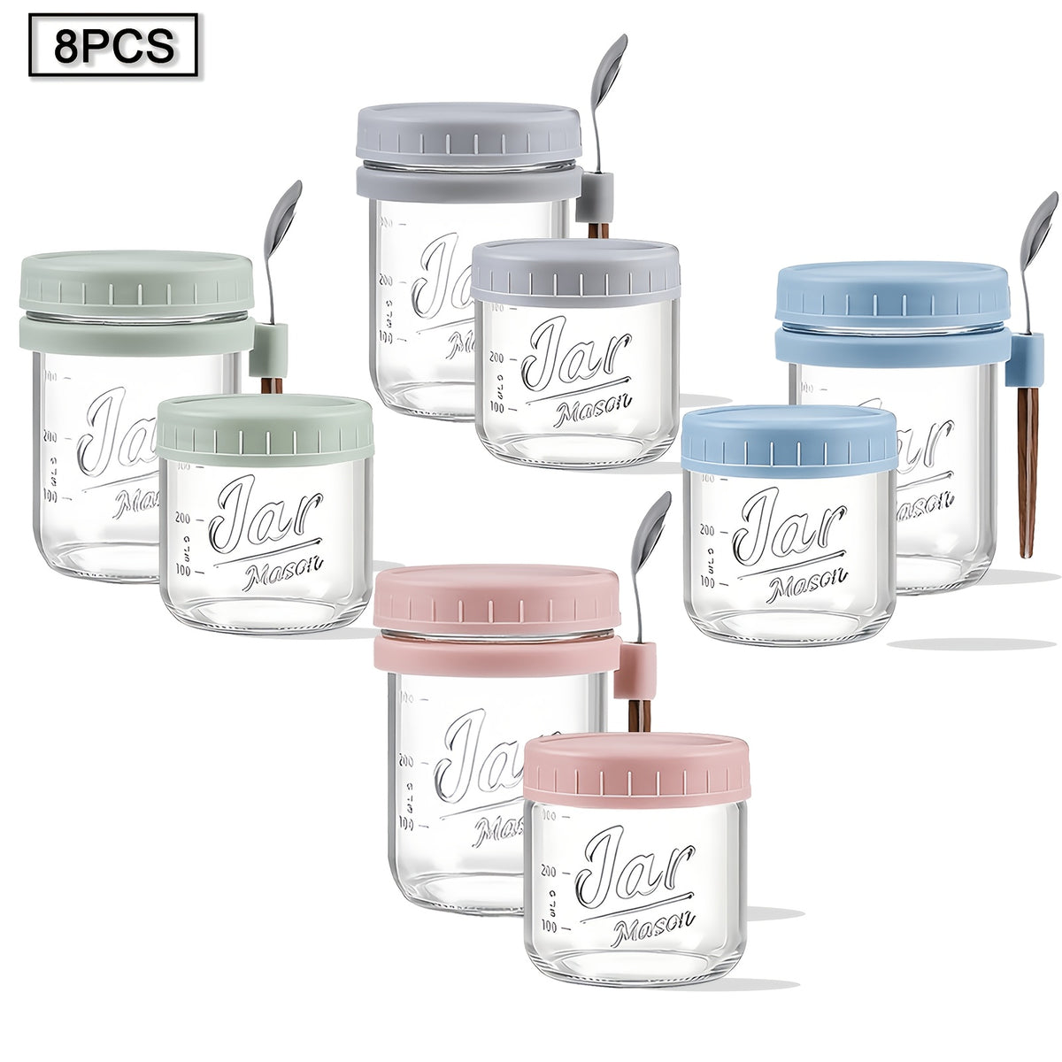 Overnight Oats Containers with Lids and Spoons – Glass Mason Jars Set, Large 16oz & 4oz Airtight Jars for Meal Prep, Milk, Cereal, Fruit, Yogurt – 4, 6, 8 or 12 Pack
