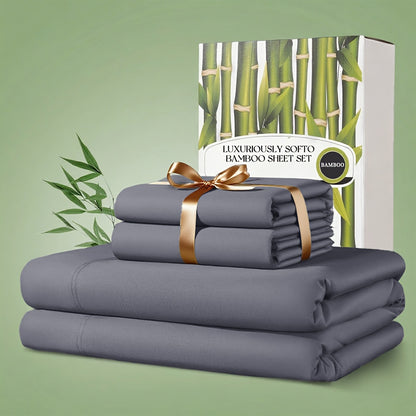 Bamboo Bed Sheet Set 4 Piece 2200TC Cooling Fabric Deep Pocket Fitted Sheet Ultra Soft Breathable for Hot Sleepers Twin Full Queen King Shrink Fade Wrinkle Resistant Hotel Quality Multiple Colors