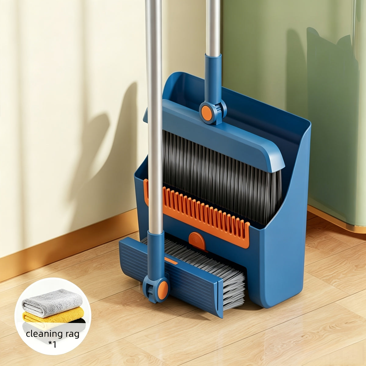 3-in-1 Upright Broom and Dustpan Set with Long Handle, Comb Teeth Dustpan, Garbage Bag Holder – Indoor Outdoor Floor Sweeping Brush Kit for Kitchen Balcony Patio Garage